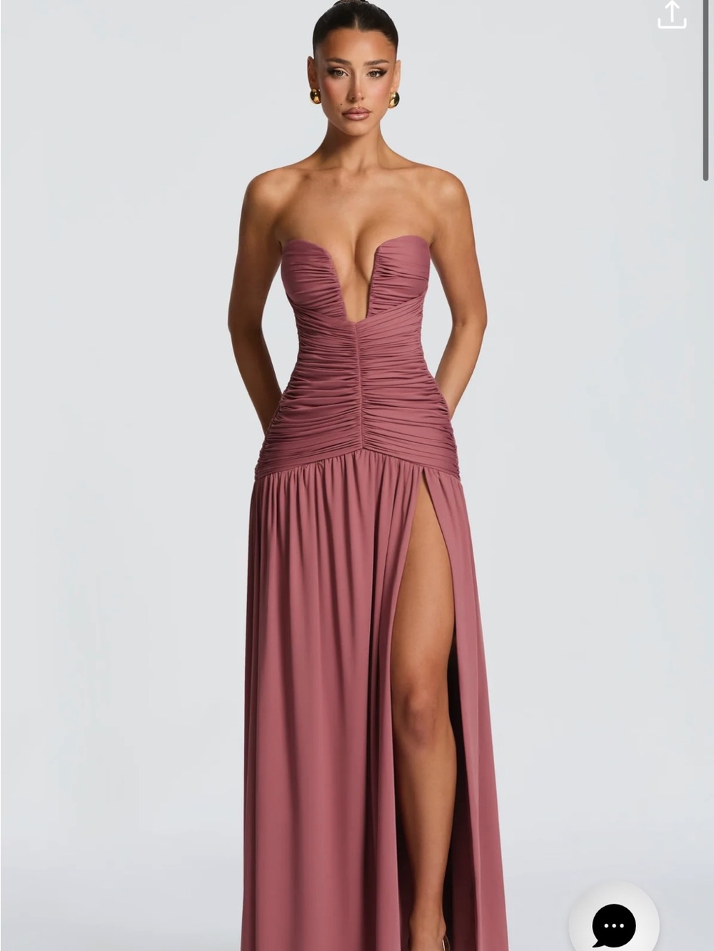 Strapless Ruched Maxi Dress in Mauve with High Slit